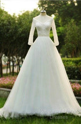 V-Neck A-Line Floor Length Tulle Wedding Dress With Beading Long Sleeves